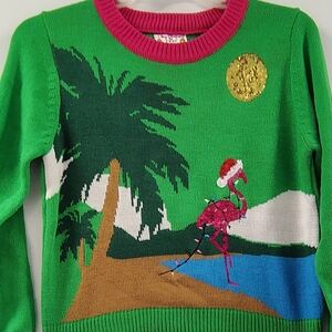POOF UGLY CHRISTMAS PARTY SWEATER FLAMINGO PALMS FESTIVAL LIGHTS SWEATER Sz S-M